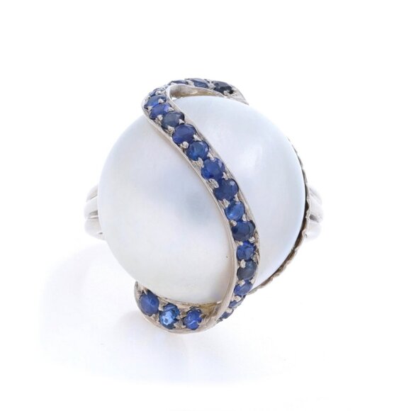 White Gold Cultured Mabe Pearl & Sapphire Vintage Ring - 14k 0.97ctw Wave